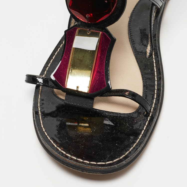 Pre Owned Yves Saint Laurent Black Patent Leather Embellished T-Bar Flat Sandals Size 39.5