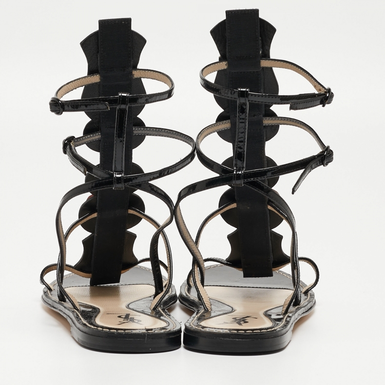 Pre Owned Yves Saint Laurent Black Patent Leather Embellished T-Bar Flat Sandals Size 39.5