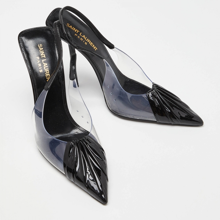 Pre Owned Yves Saint Laurent Black Patent Leather and PVC Pointed Toe Slingback Pumps Size 37