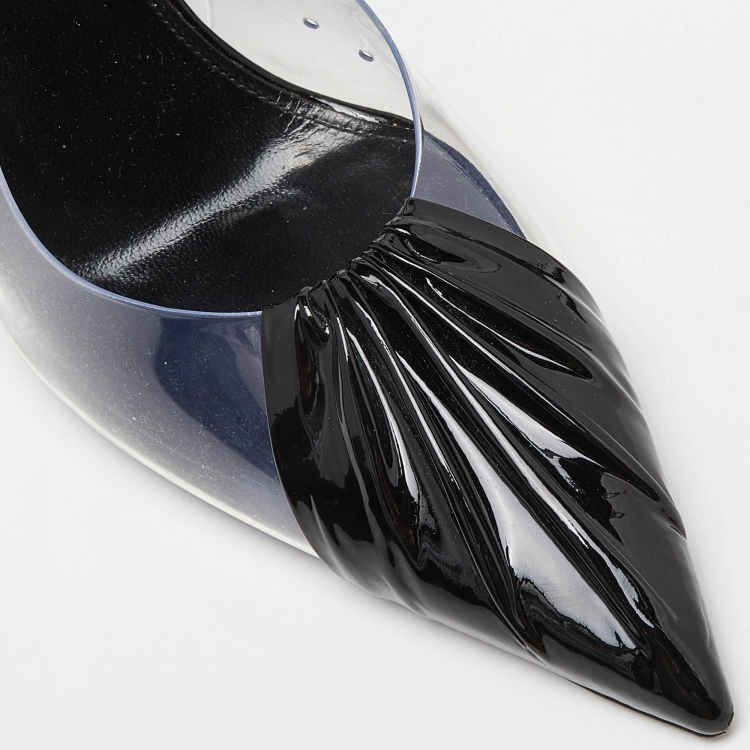Pre Owned Yves Saint Laurent Black Patent Leather and PVC Pointed Toe Slingback Pumps Size 37