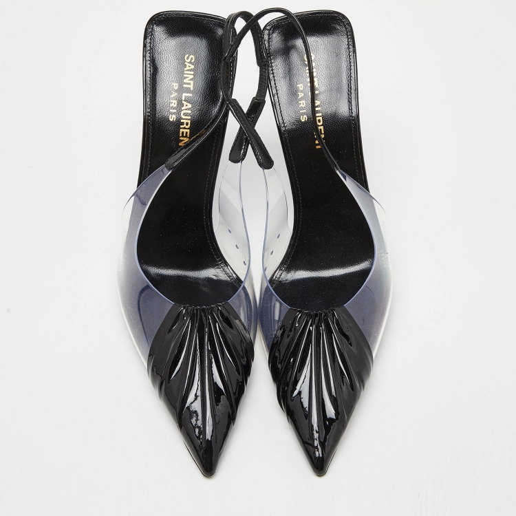 Pre Owned Yves Saint Laurent Black Patent Leather and PVC Pointed Toe Slingback Pumps Size 37