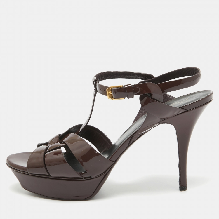 Pre Owned Yves Saint Laurent Burgundy Patent Tribute Sandals Size 41.5