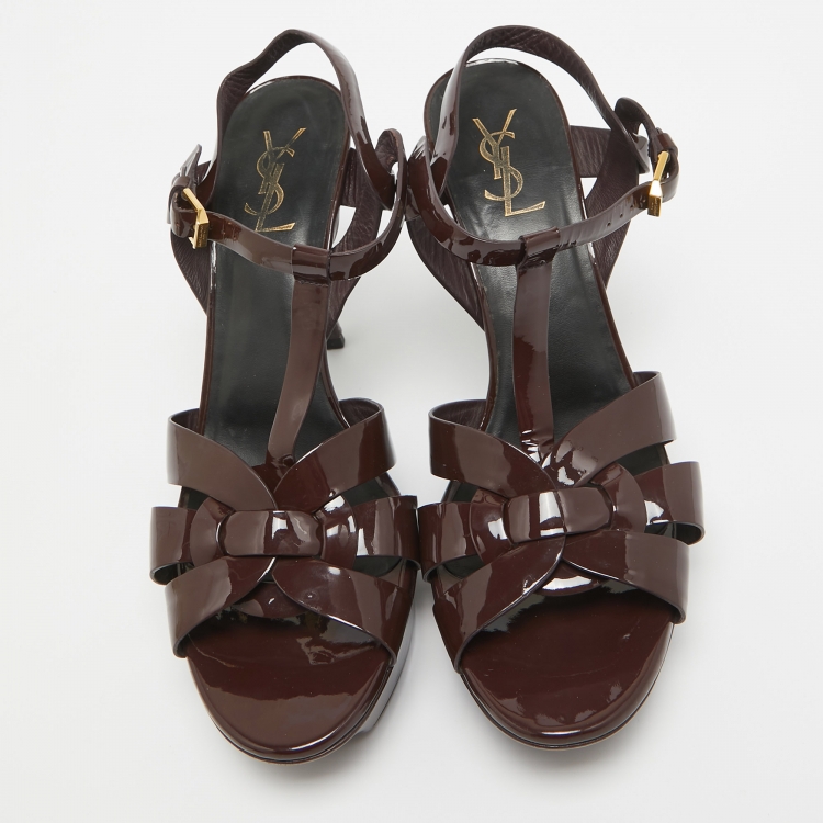 Pre Owned Yves Saint Laurent Burgundy Patent Tribute Sandals Size 41.5