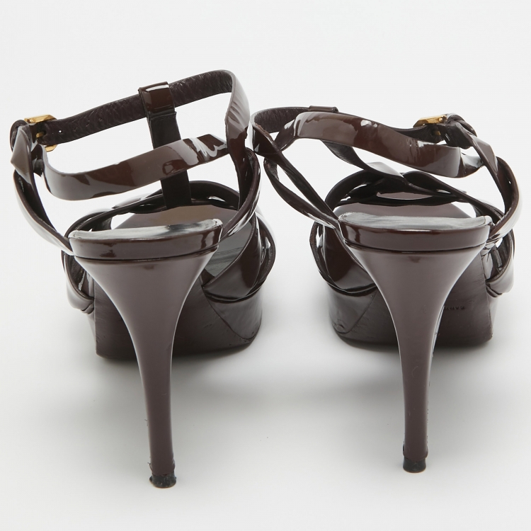 Pre Owned Yves Saint Laurent Burgundy Patent Tribute Sandals Size 41.5
