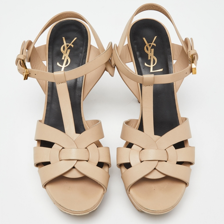مملوكة مسبقًا Yves Saint Laurent Beige Leather Tribute Platform Ankle Strap Sandals Size 38.5