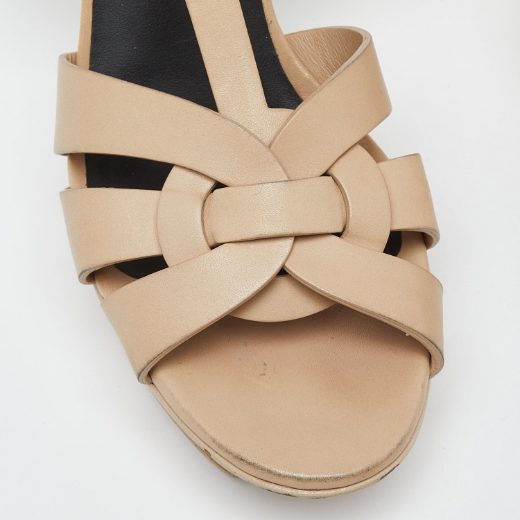 مملوكة مسبقًا Yves Saint Laurent Beige Leather Tribute Platform Ankle Strap Sandals Size 38.5