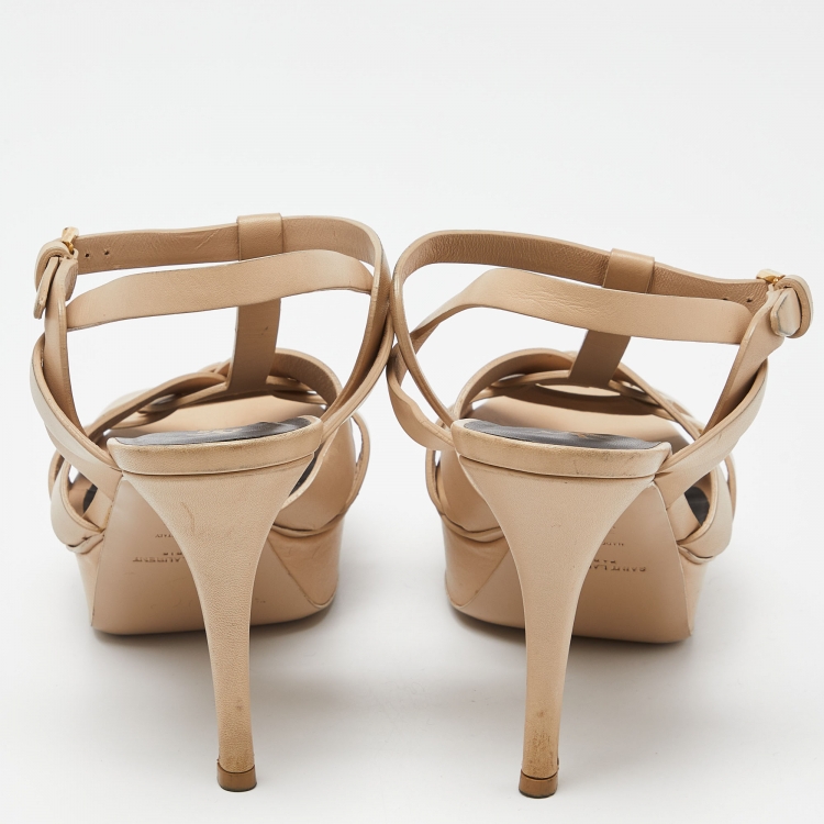 مملوكة مسبقًا Yves Saint Laurent Beige Leather Tribute Platform Ankle Strap Sandals Size 38.5