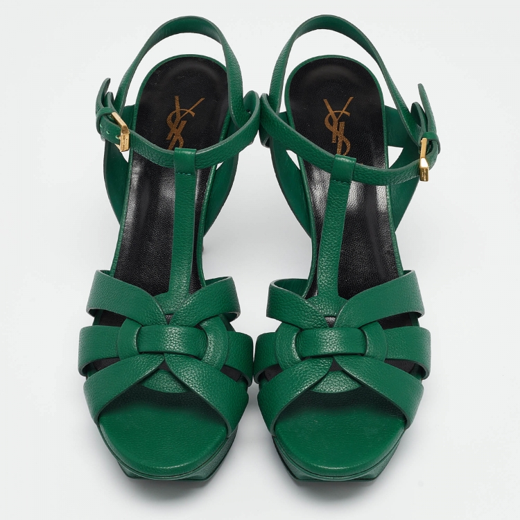 Pre Owned Yves Saint Laurent Green Leather Tribute Sandals Size 40
