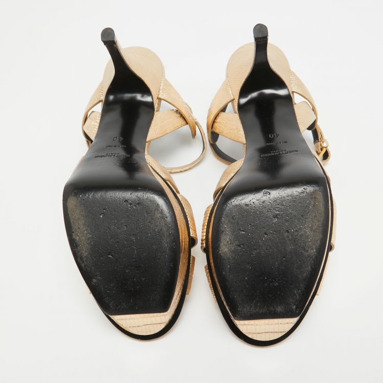 Pre Owned Yves Saint Laurent Metallic Gold  Lizard Embossed Leather Tribute Sandals Size 40