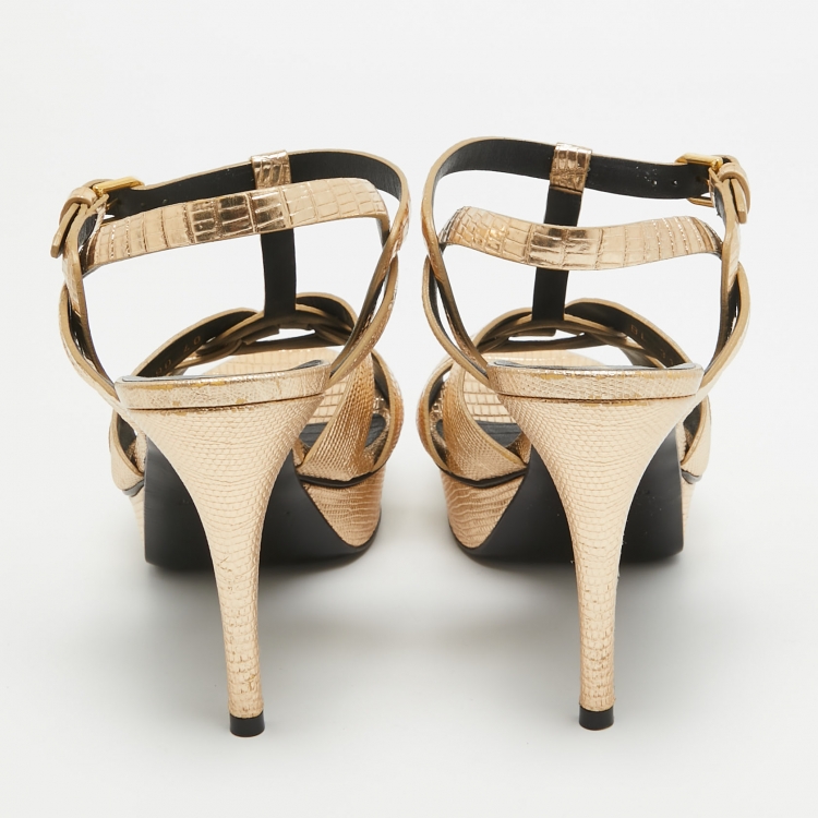 Pre Owned Yves Saint Laurent Metallic Gold  Lizard Embossed Leather Tribute Sandals Size 40
