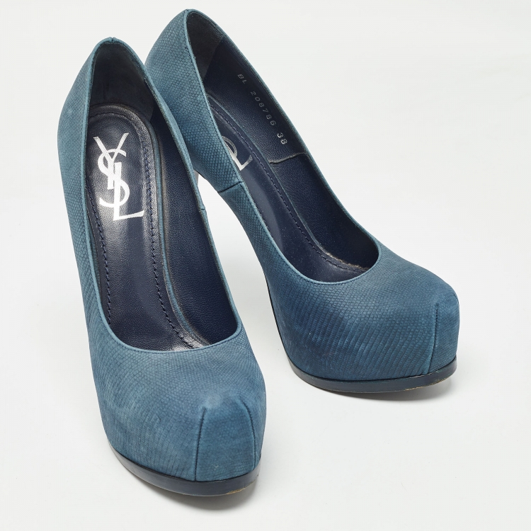 Pre Owned Yves Saint Laurent Blue Textured Nubuck Tribtoo Pumps Size 38