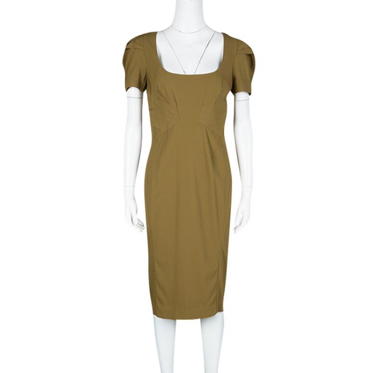 Pre Owned Zac Posen Khaki Brown Short Sleeve Dress M