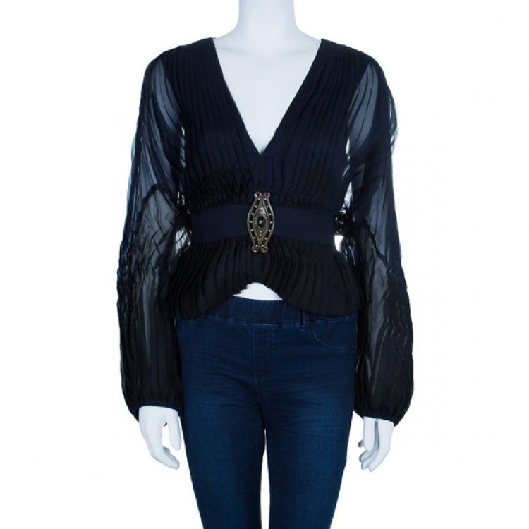 Pre Owned Zac Posen Pleated Silk Chiffon Blouse L