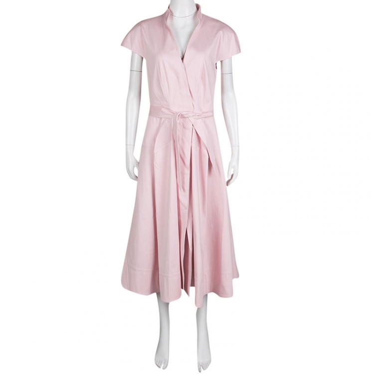 Pre Owned Zac Posen Pink Cotton Mandarin Collar A-Line Belted Shirt Dress S