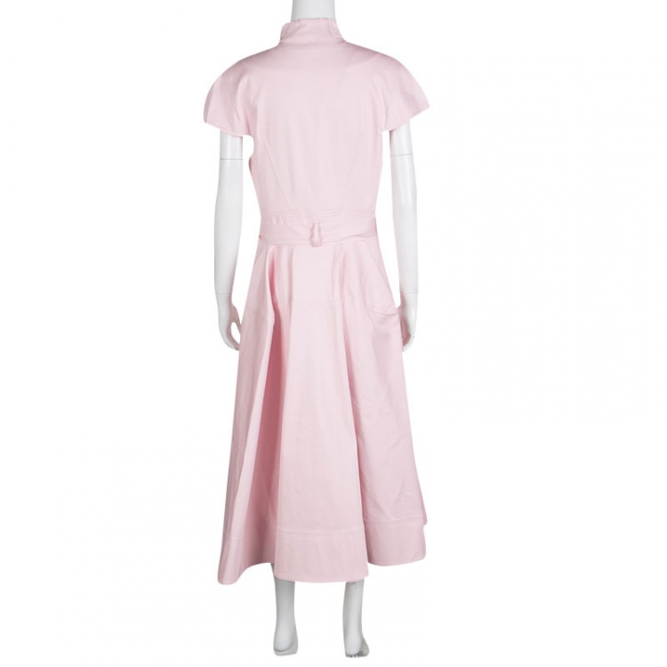 Pre Owned Zac Posen Pink Cotton Mandarin Collar A-Line Belted Shirt Dress S