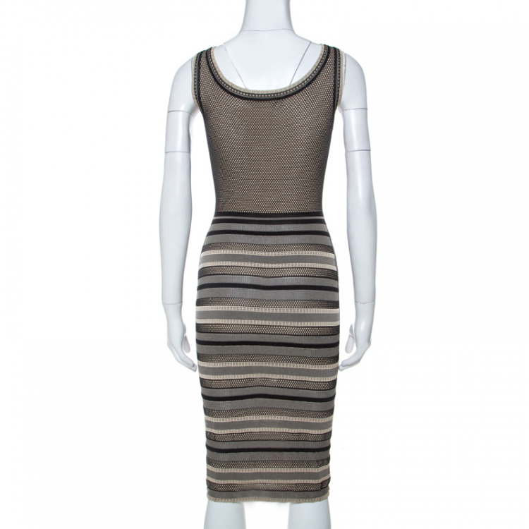 Pre Owned Zac Posen Black and Beige Striped Knit Sleeveless Midi Dress S