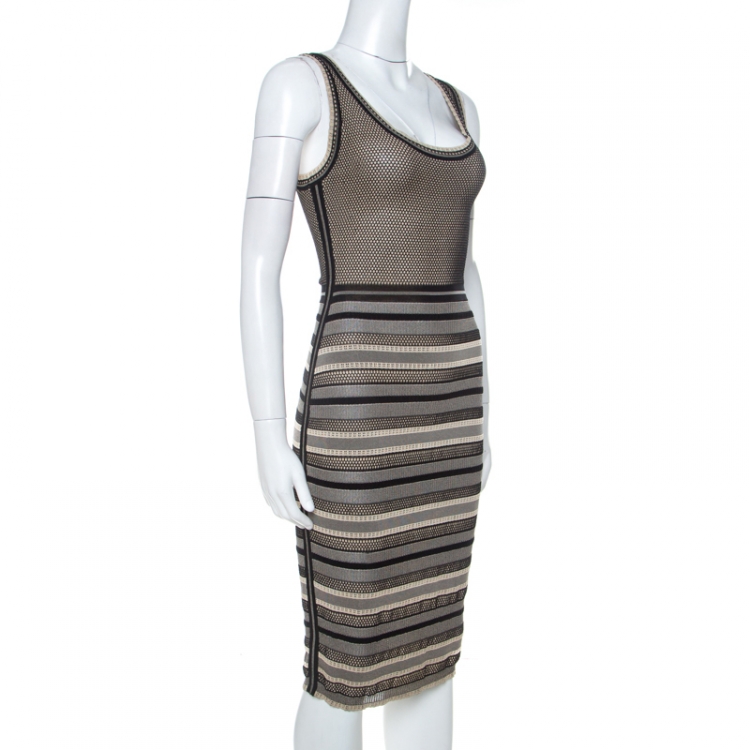Pre Owned Zac Posen Black and Beige Striped Knit Sleeveless Midi Dress S