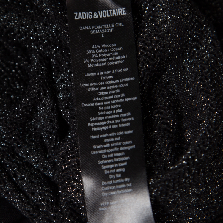 Pre Owned Zadig and Voltaire Metallic Noir Open Front Dana Pointelle Cardigan L