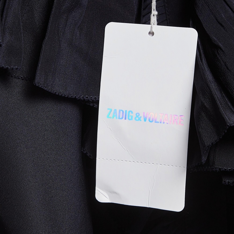 Pre Owned Zadig & Voltaire Black Crepe Silk Ruffled Blouse L
