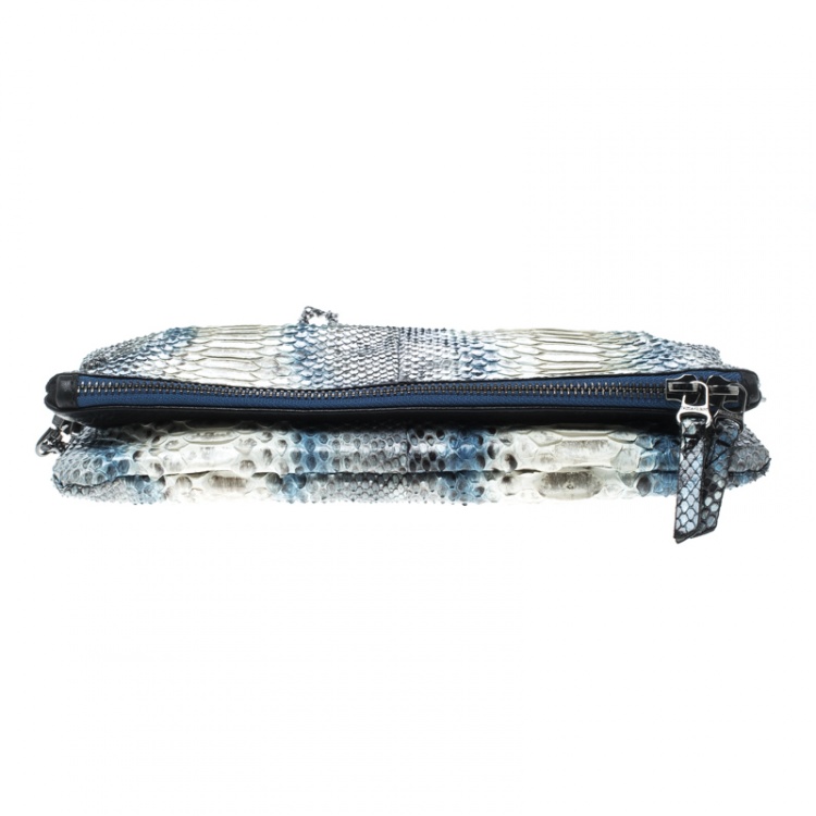Pre Owned Zadig and Voltaire White/Turquoise Python Rock Foldover Clutch Bag