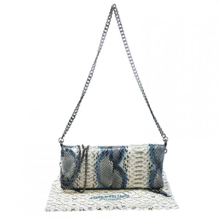 Pre Owned Zadig and Voltaire White/Turquoise Python Rock Foldover Clutch Bag