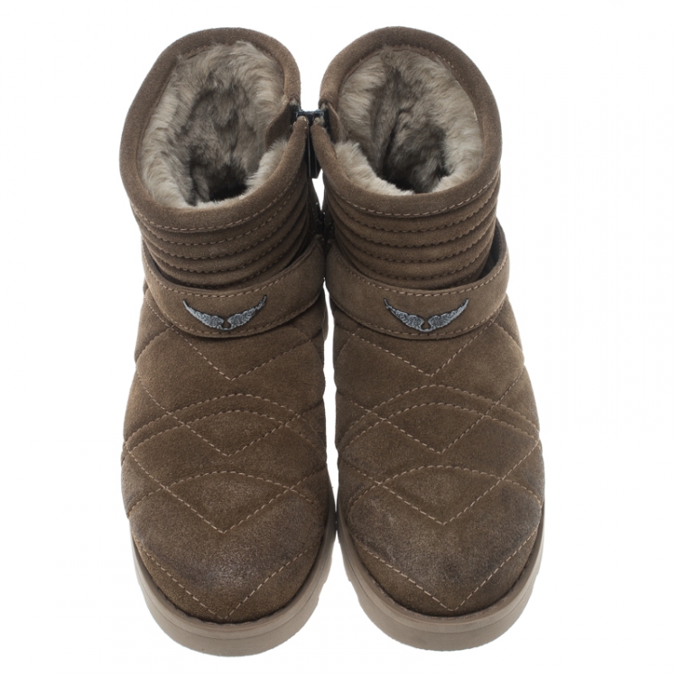 Pre Owned Zadig and Voltaire Khaki Green Quilted Suede Suuns Faux Fur Lined Ankle Boots Size 40