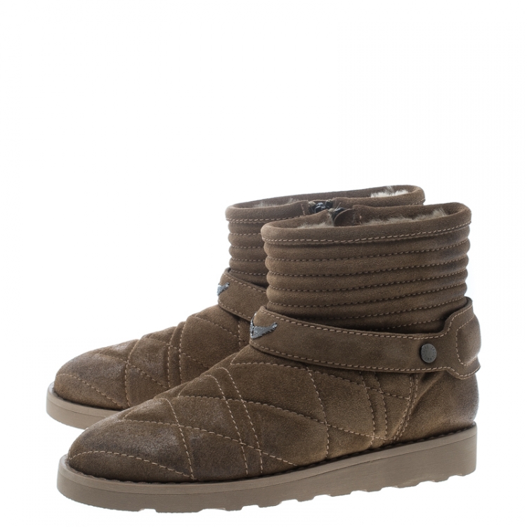 Pre Owned Zadig and Voltaire Khaki Green Quilted Suede Suuns Faux Fur Lined Ankle Boots Size 40