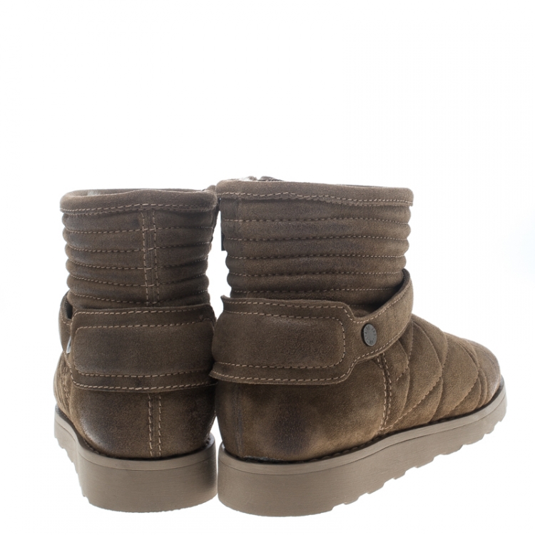 Pre Owned Zadig and Voltaire Khaki Green Quilted Suede Suuns Faux Fur Lined Ankle Boots Size 40