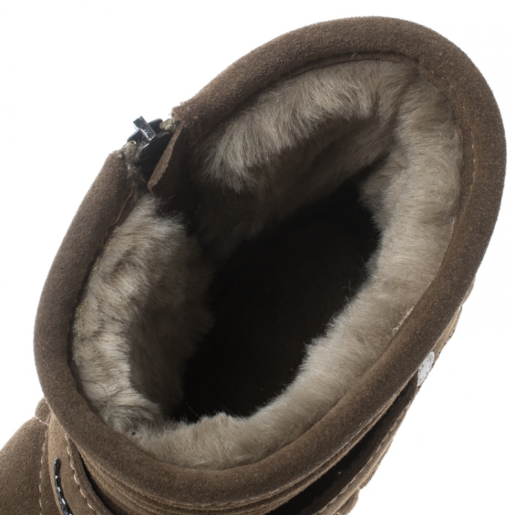 Pre Owned Zadig and Voltaire Khaki Green Quilted Suede Suuns Faux Fur Lined Ankle Boots Size 40