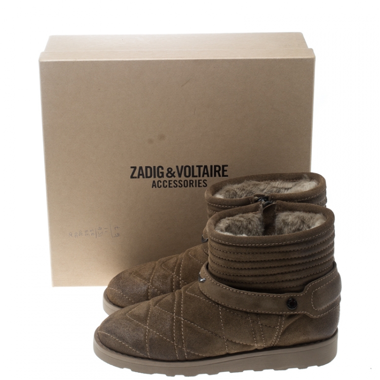 Pre Owned Zadig and Voltaire Khaki Green Quilted Suede Suuns Faux Fur Lined Ankle Boots Size 40