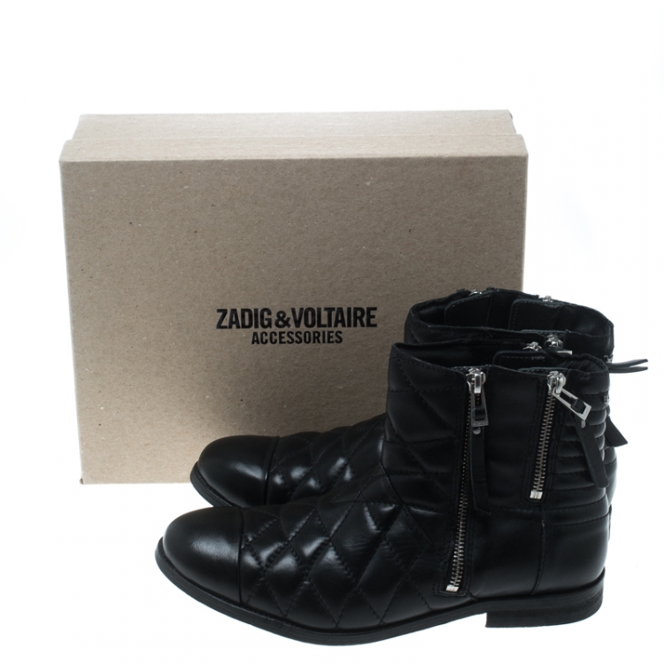 Pre Owned Zadig and Voltaire Black Quilted Leather Presets Biker Ankle Boots Size 39