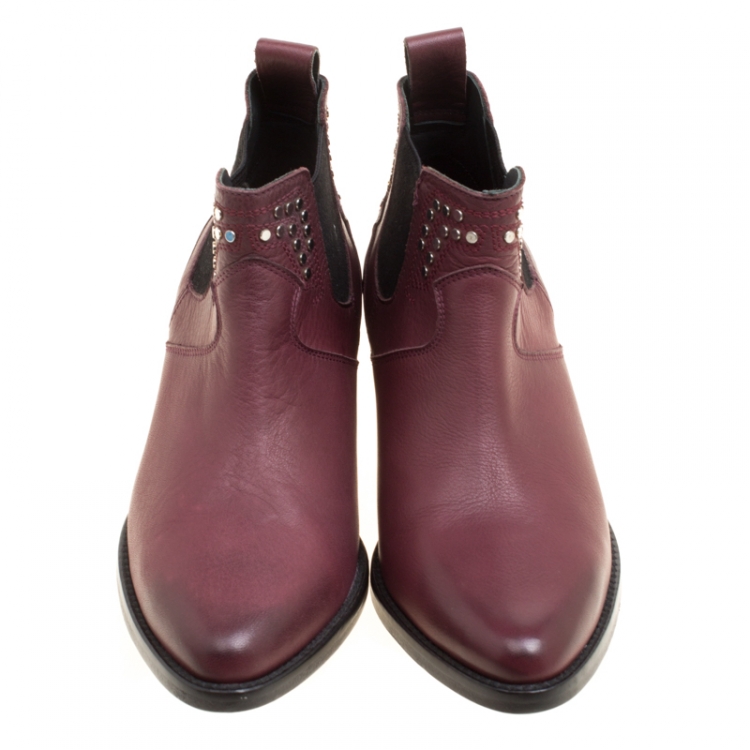 Pre Owned Zadig and Voltaire Burgundy Leather Studded Pointed Toe Ankle Boots Size 37