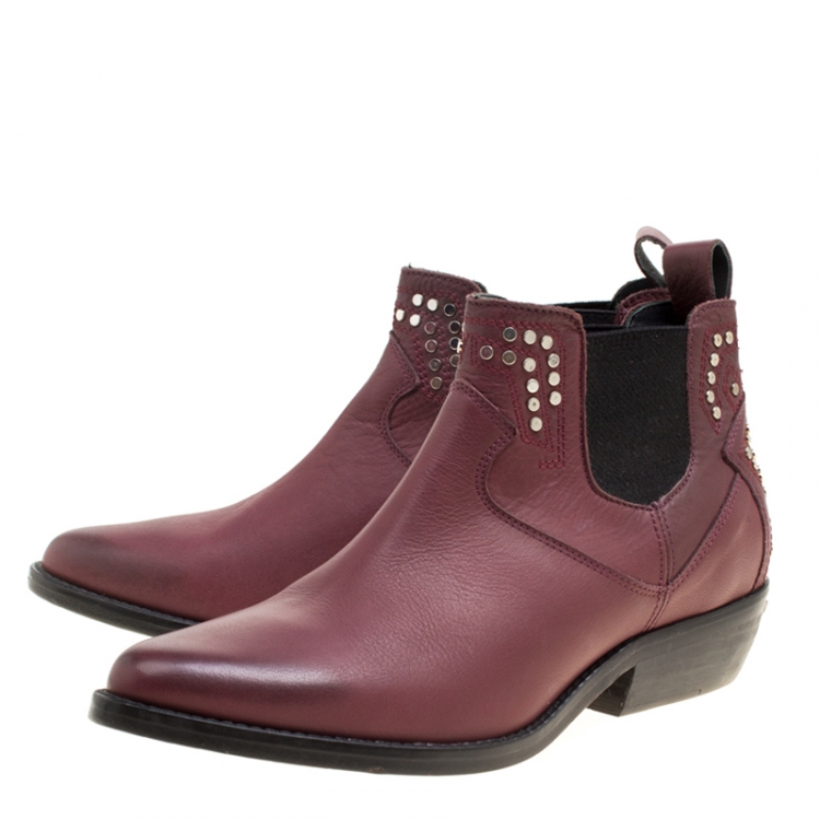 Pre Owned Zadig and Voltaire Burgundy Leather Studded Pointed Toe Ankle Boots Size 37
