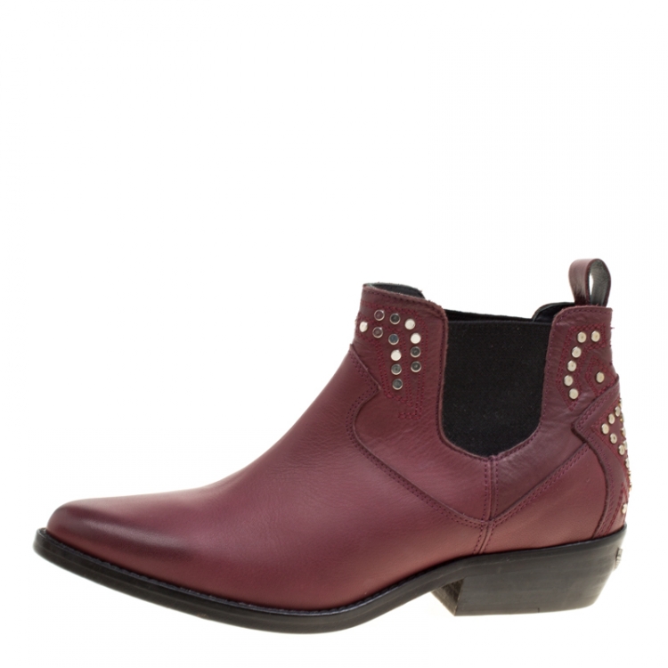 Pre Owned Zadig and Voltaire Burgundy Leather Studded Pointed Toe Ankle Boots Size 37