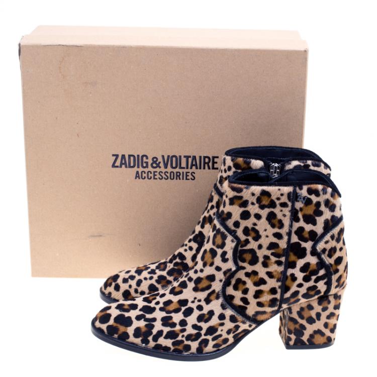 Pre Owned Zadig and Voltaire Brown Leopard Print Calf Hair Molly Leo Cowboy Boots Size 39