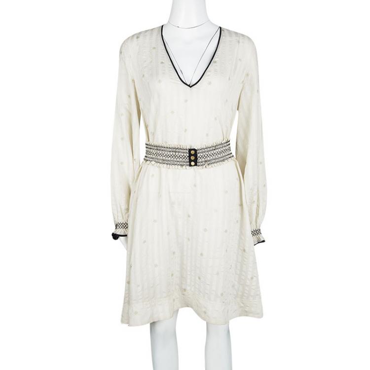 Pre Owned Zadig and Voltaire Deluxe Cream Silk Star and Lighting Print Belted Dress M