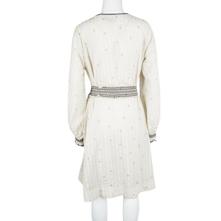 Pre Owned Zadig and Voltaire Deluxe Cream Silk Star and Lighting Print Belted Dress M