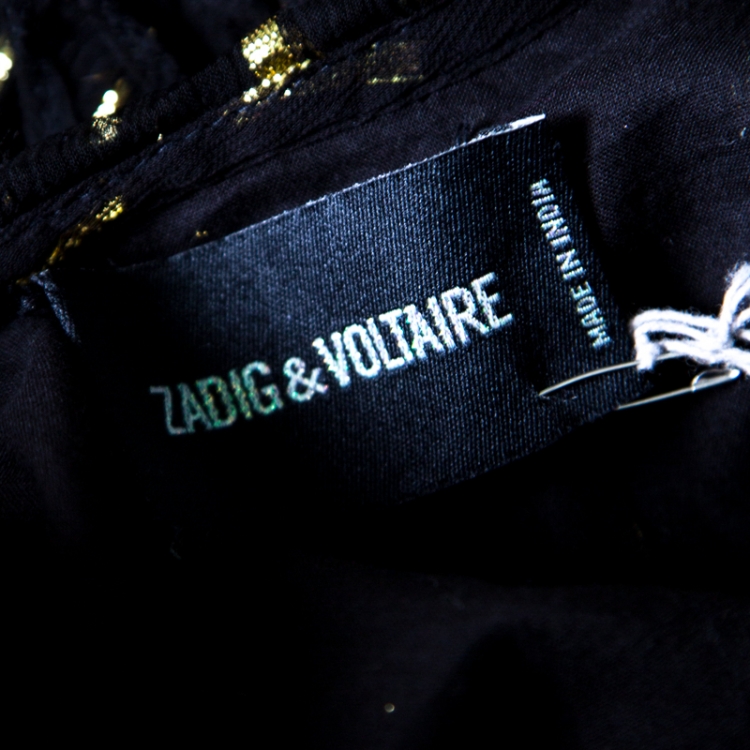 Pre Owned Zadig and Voltaire Noir Crepe Lurex Detail Ruffled Rool Shiny Shirt Dress S