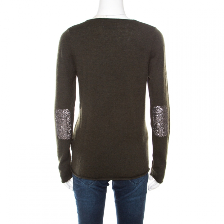 Pre Owned Zadig and Voltaire Green Wool and Cashmere Sequined Elbow Patch Detail Nosfa Sweater S