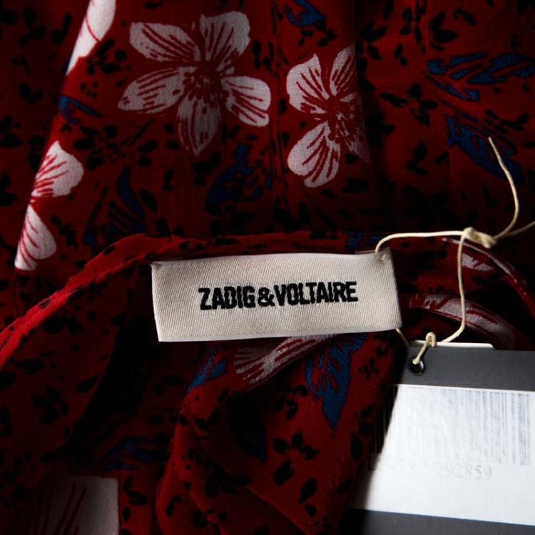 Pre Owned Zadig and Voltaire Red Floral Print Silk Remus Long Pensees Dress XS