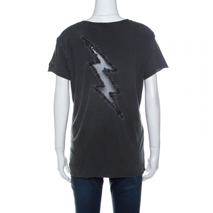Pre Owned Zadig and Voltaire Grey Lightening Cut Out Cotton Story Fishnet T-Shirt L