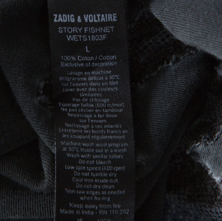Pre Owned Zadig and Voltaire Grey Lightening Cut Out Cotton Story Fishnet T-Shirt L