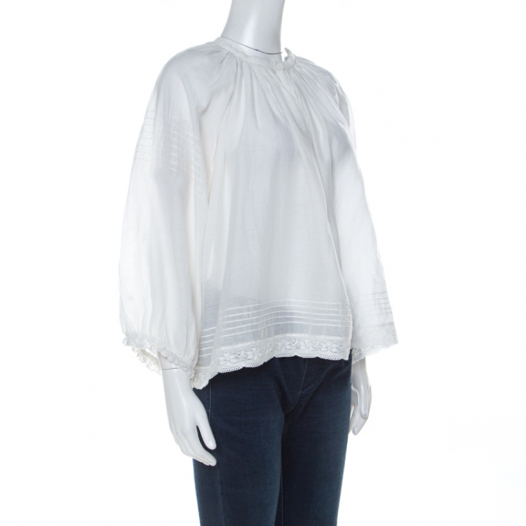 Pre Owned Zadig and Voltaire White Cotton Blend Lace Trim Trone Deluxe Blouse XS