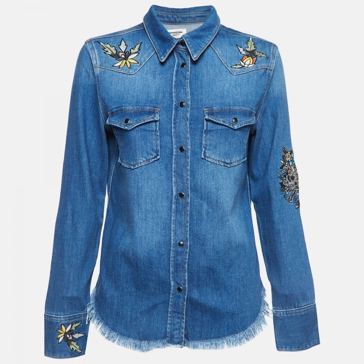 Pre Owned Zadig & Voltaire Deluxe Blue Embroidered Love Now Denim Shirt S