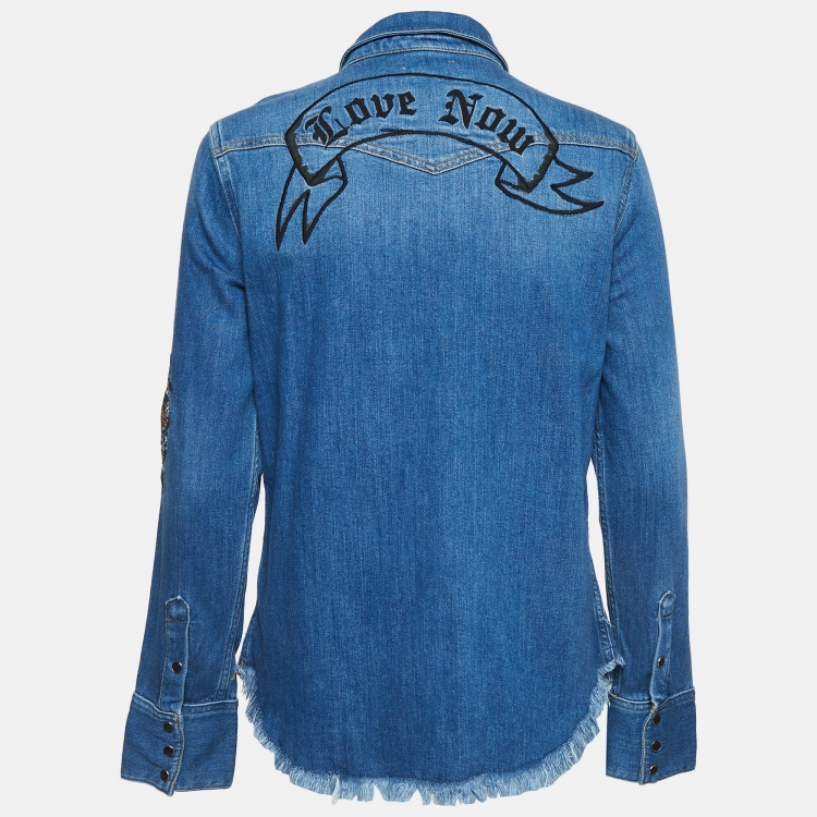 Pre Owned Zadig & Voltaire Deluxe Blue Embroidered Love Now Denim Shirt S