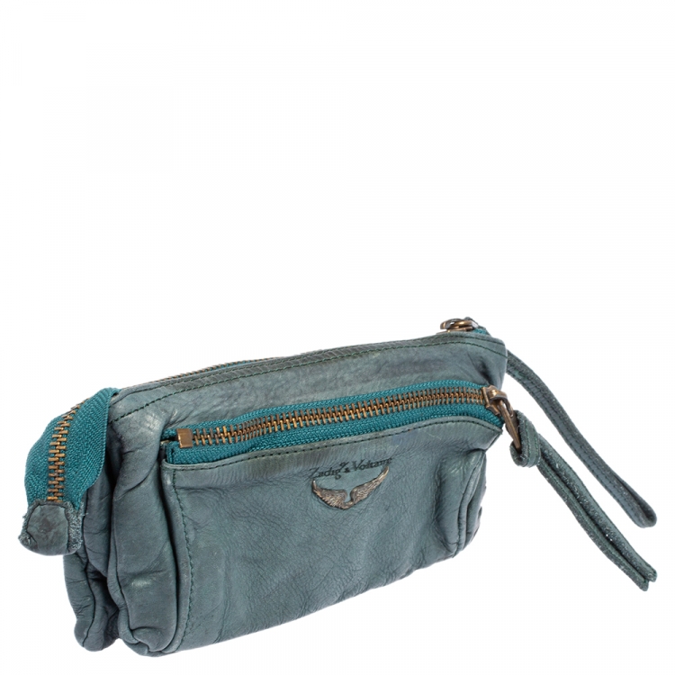 Pre Owned Zadig and Voltaire Teal Leather Wristlet Clutch
