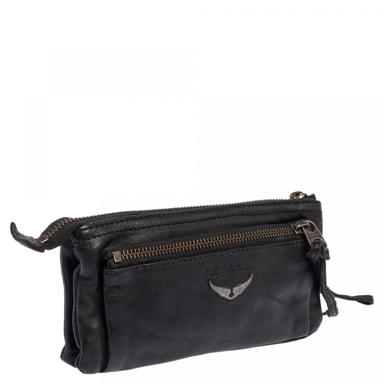 Pre Owned Zadig & Voltaire Black Leather Studded Wristlet Clutch