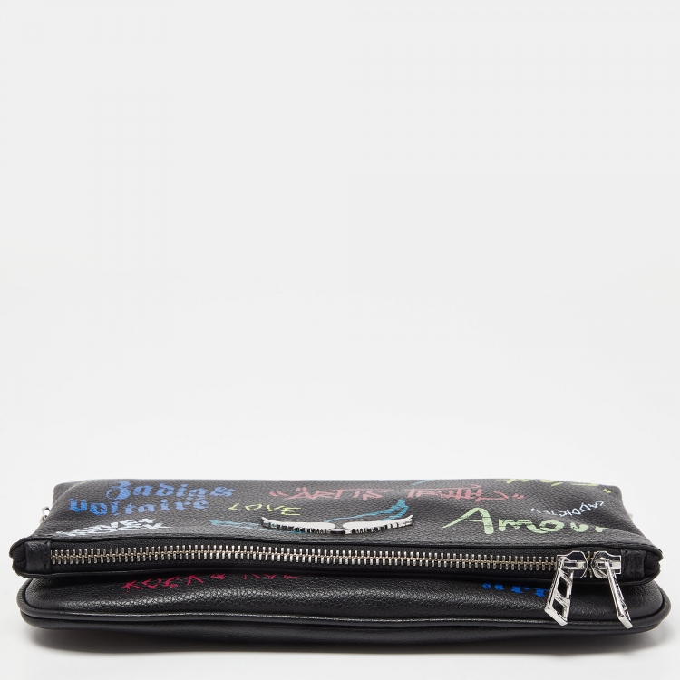 Pre Owned Zadig & Voltaire Black Printed Leather Rock Foldover Clutch Bag