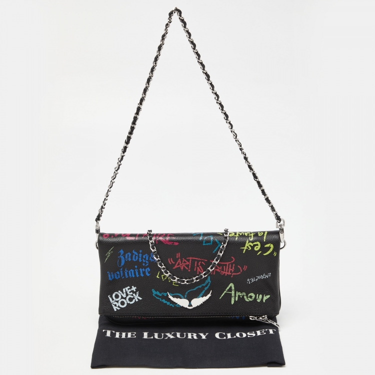 Pre Owned Zadig & Voltaire Black Printed Leather Rock Foldover Clutch Bag