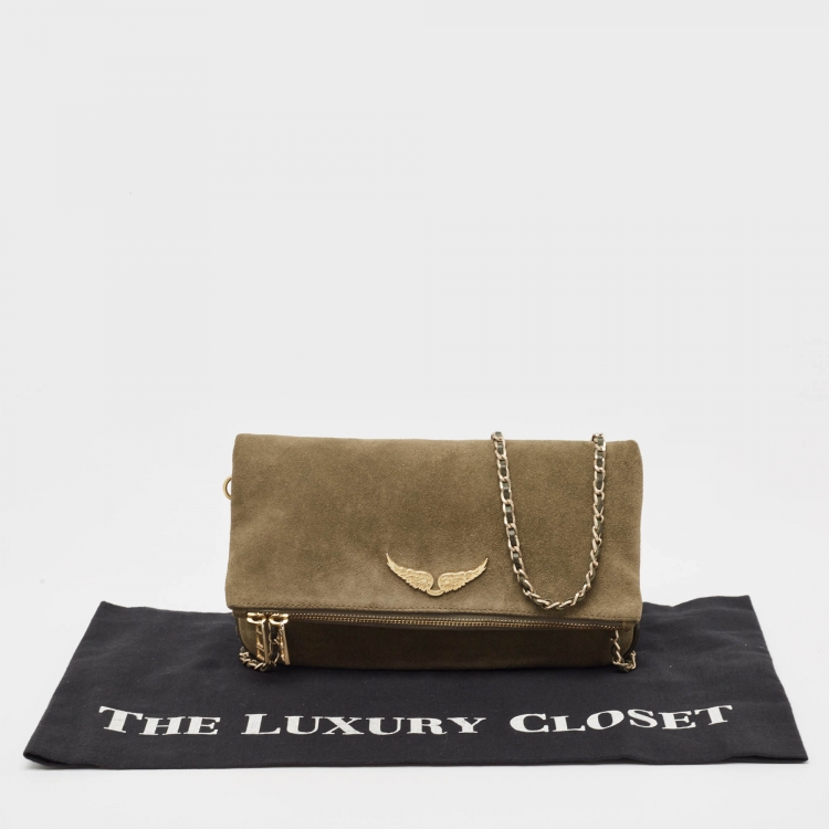 Pre Owned Zadig & Voltaire Olive Green Suede Rock Foldover Crossbody Bag